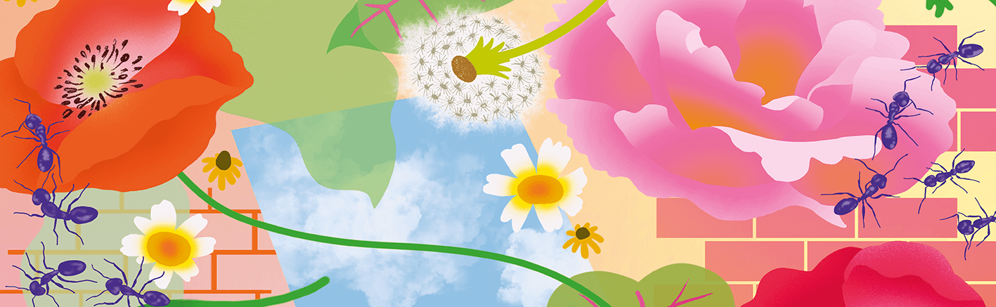 Ein abstraktes, digitales Motiv aus roten und pinken Blumen, grünen Blättern, Ameisen und Pusteblumen vor einem Hintergrund aus blauem Himmel und Ziegelsteinen