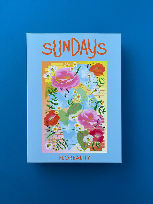 A light blue box with "Sundays" and "Floreality" written on it in orange and an image with an image with flowers, leafs, ants, bricks and sky on a color grade background